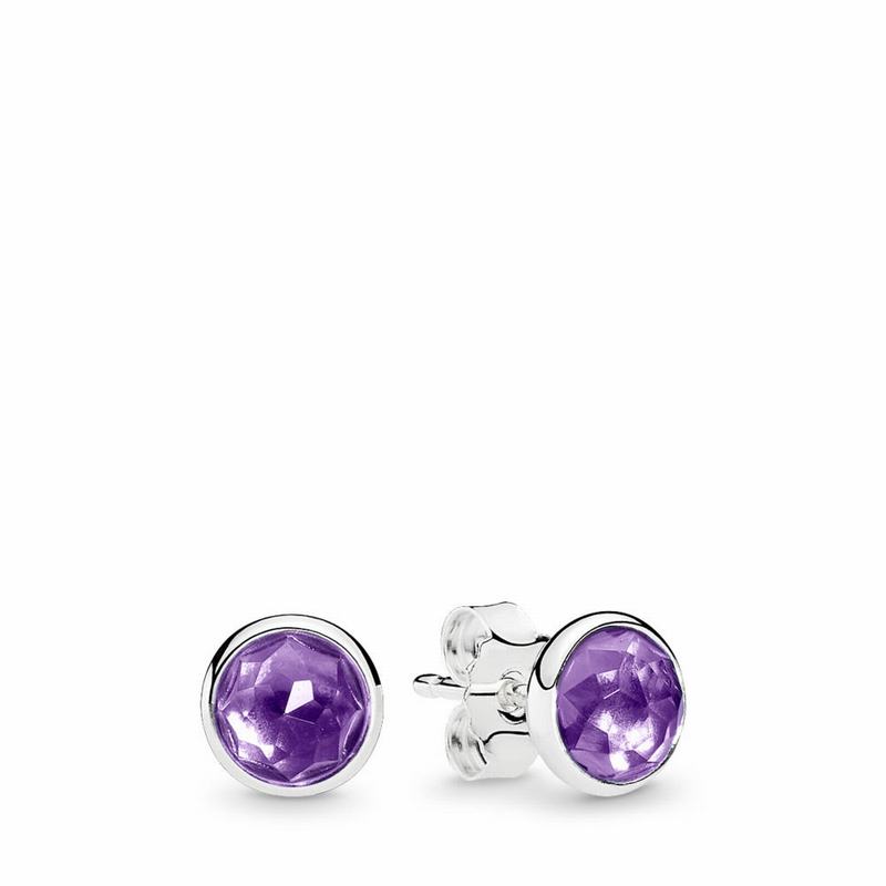 Pandora February Droplets Stud Earrings Ireland - Sterling Silver/Purple/Synthetic Amethyst - 150873